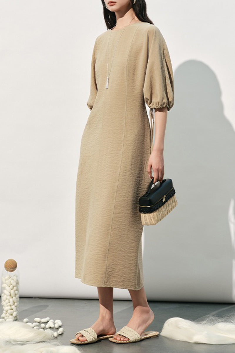 Textured Silk Puff Sleeve Midi Dress in Beige