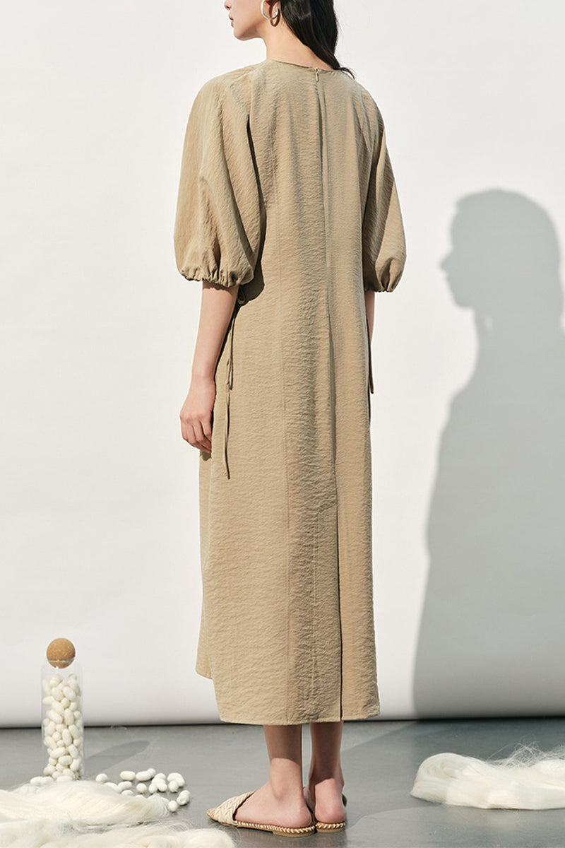 Textured Silk Puff Sleeve Midi Dress in Beige