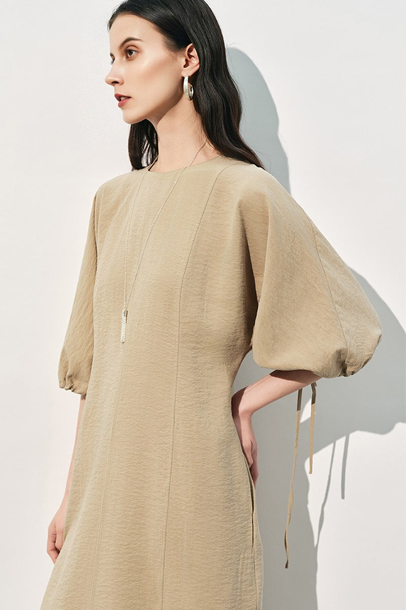 Textured Silk Puff Sleeve Midi Dress in Beige