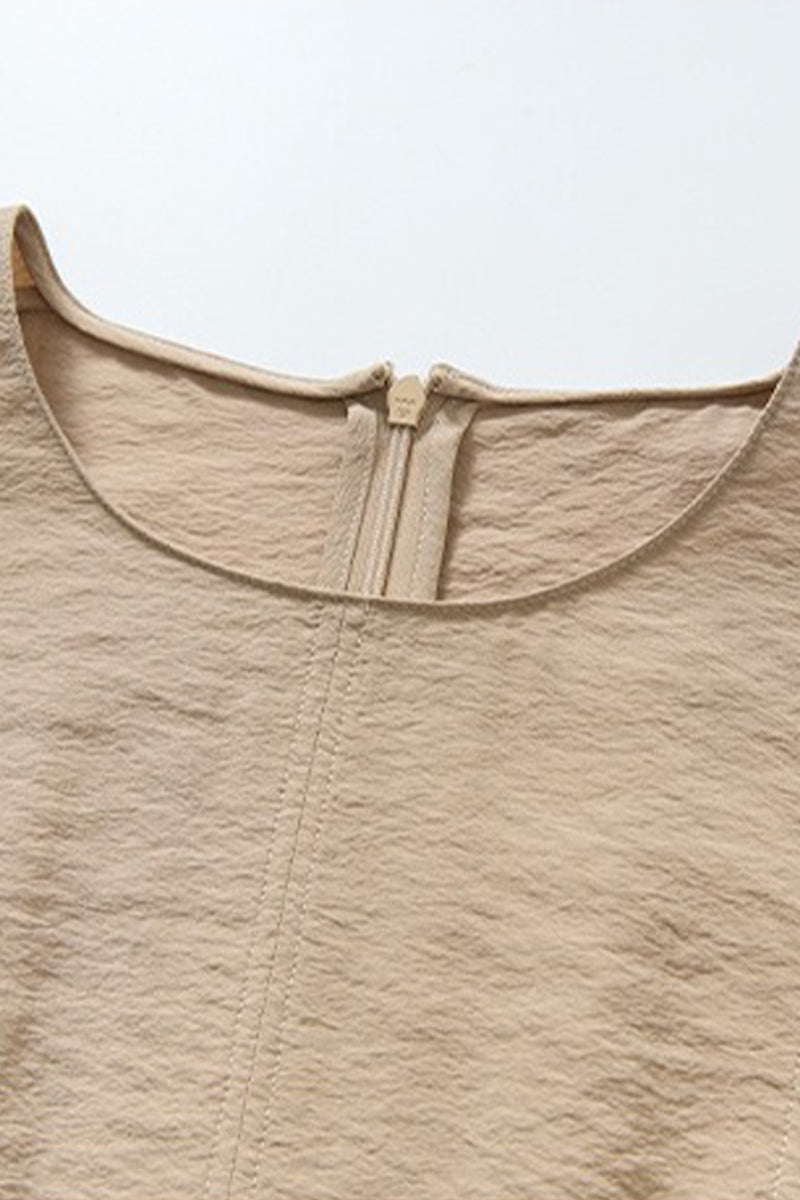 Textured Silk Puff Sleeve Midi Dress in Beige