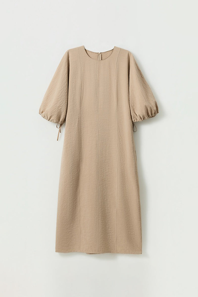 Textured Silk Puff Sleeve Midi Dress in Beige