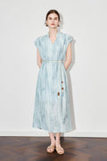 Tie-Dye Textured Cap-Sleeve Midi Dress in Light Blue