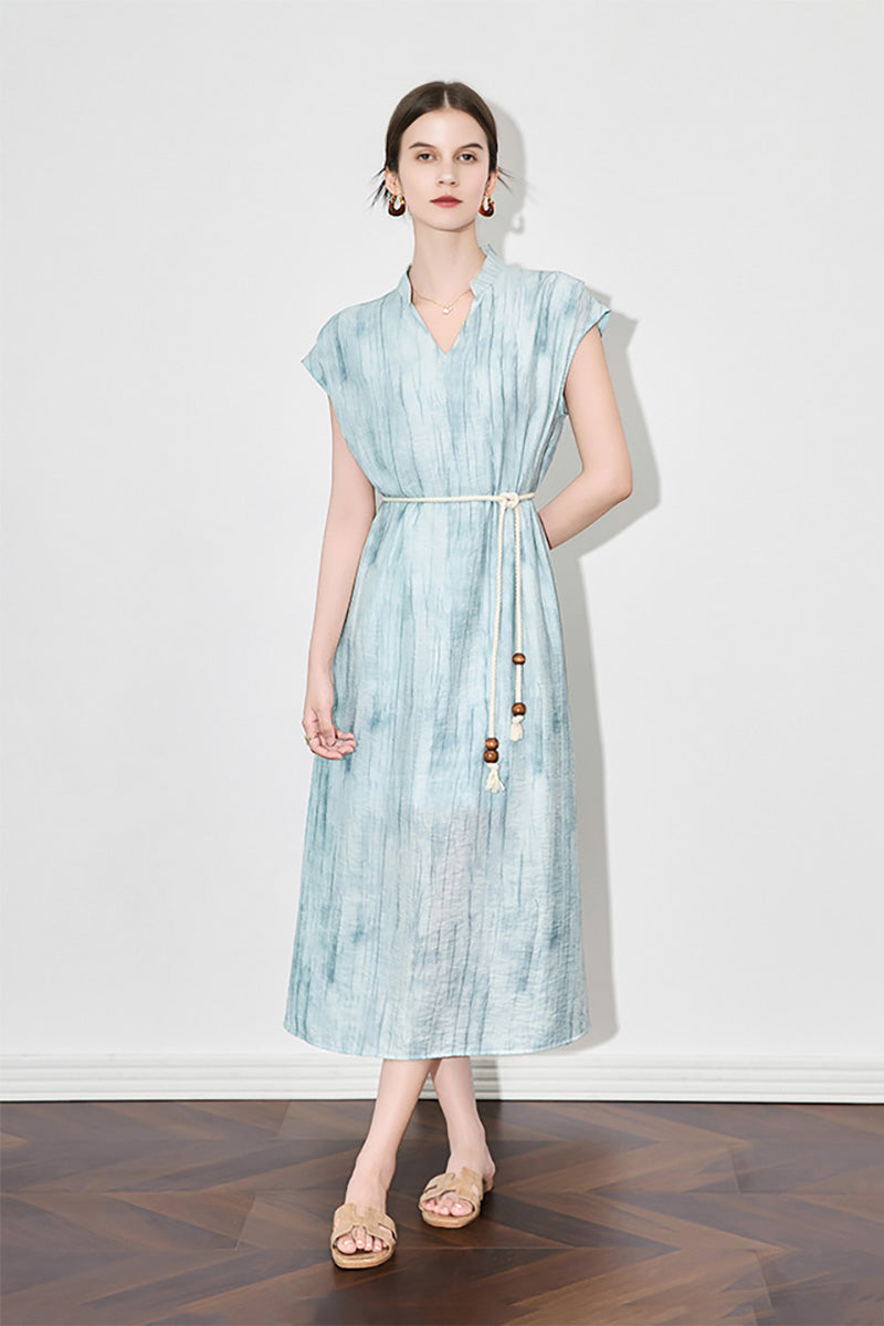Tie-Dye Textured Cap-Sleeve Midi Dress in Light Blue