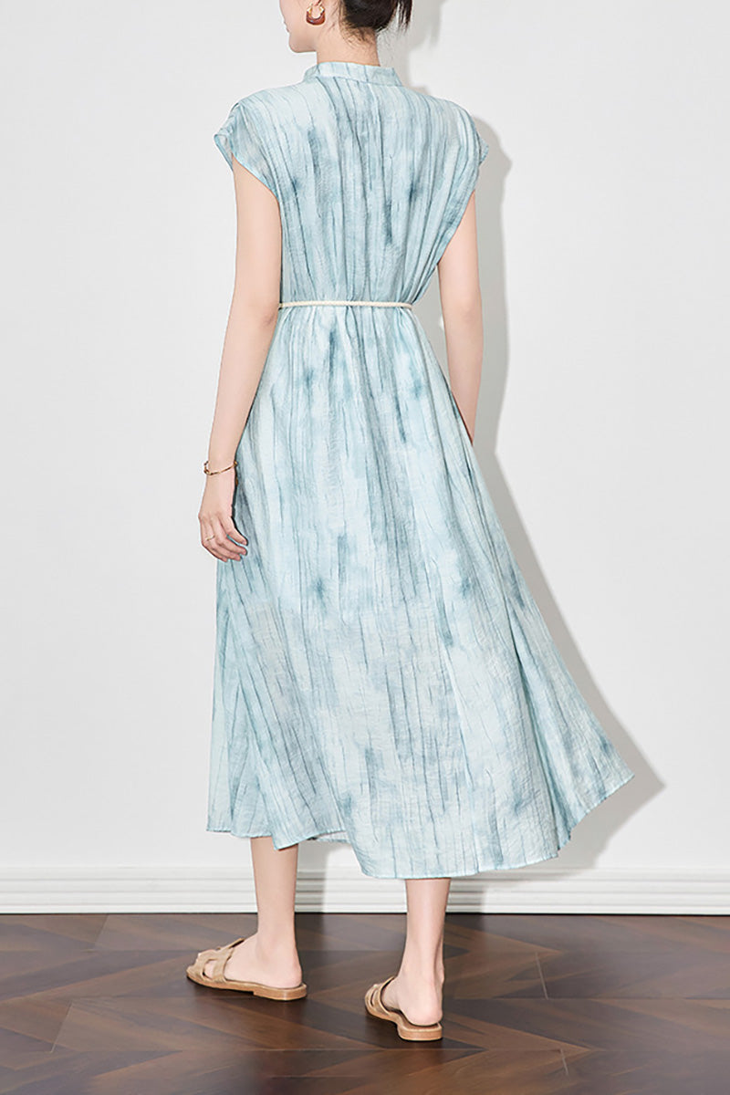 Tie-Dye Textured Cap-Sleeve Midi Dress in Light Blue