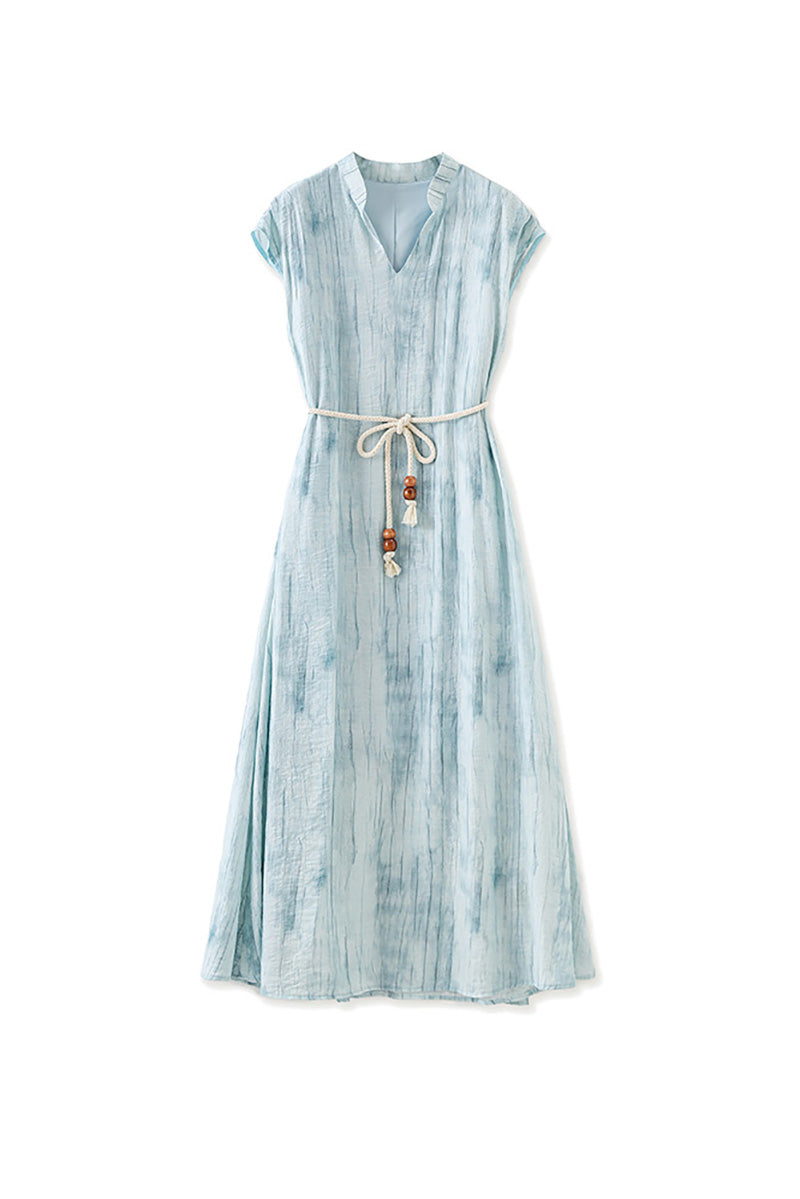 Tie-Dye Textured Cap-Sleeve Midi Dress in Light Blue