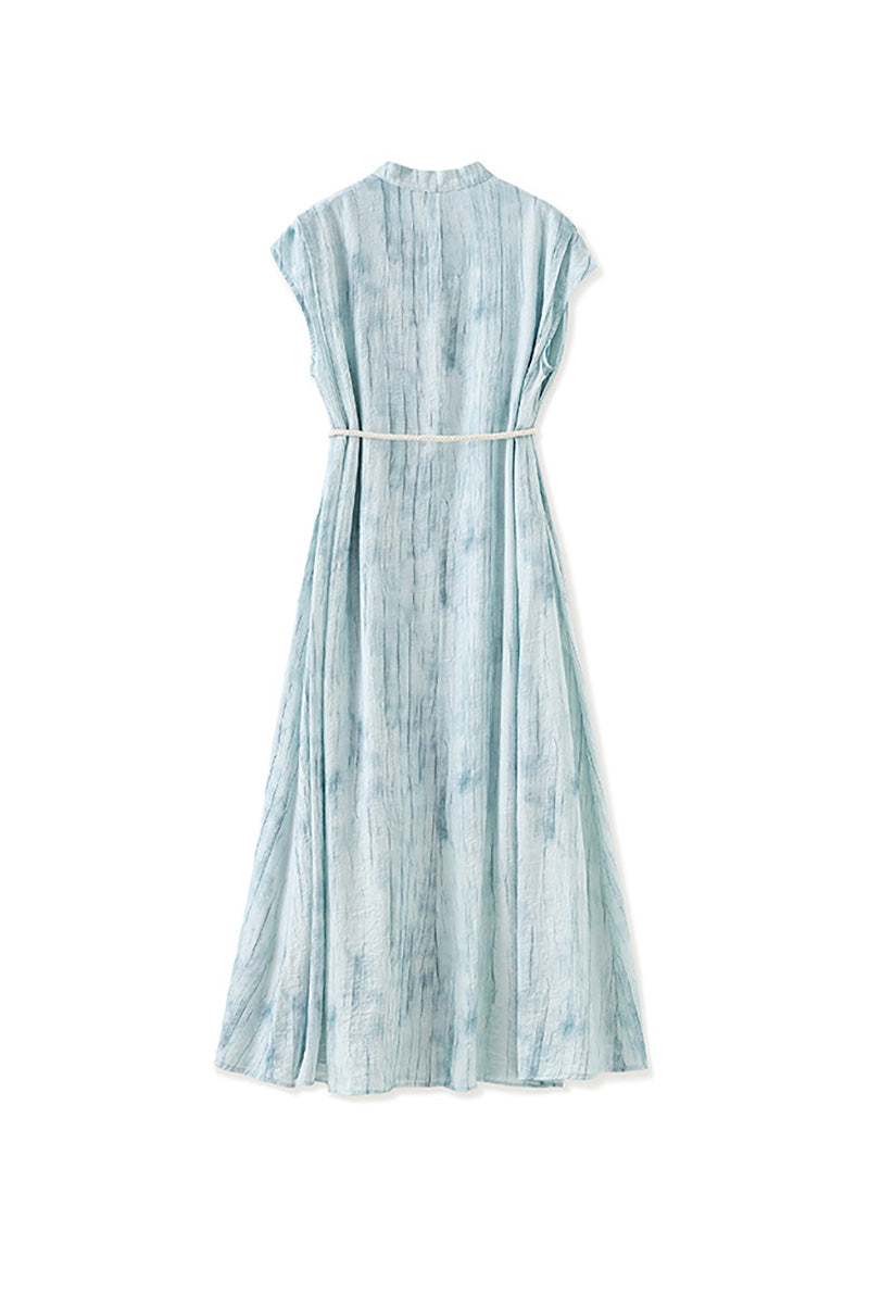 Tie-Dye Textured Cap-Sleeve Midi Dress in Light Blue