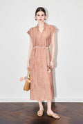 Tie-Dye Textured Cap-Sleeve Midi Dress in Terracotta