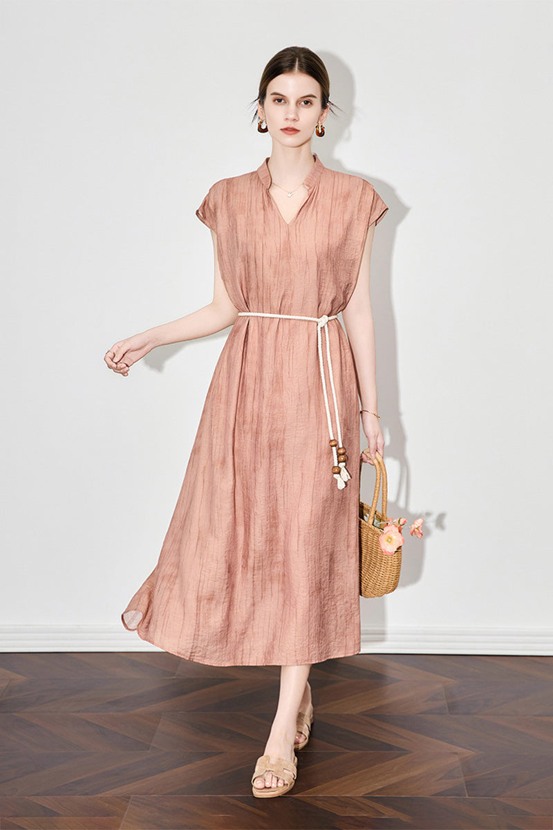 Tie-Dye Textured Cap-Sleeve Midi Dress in Terracotta