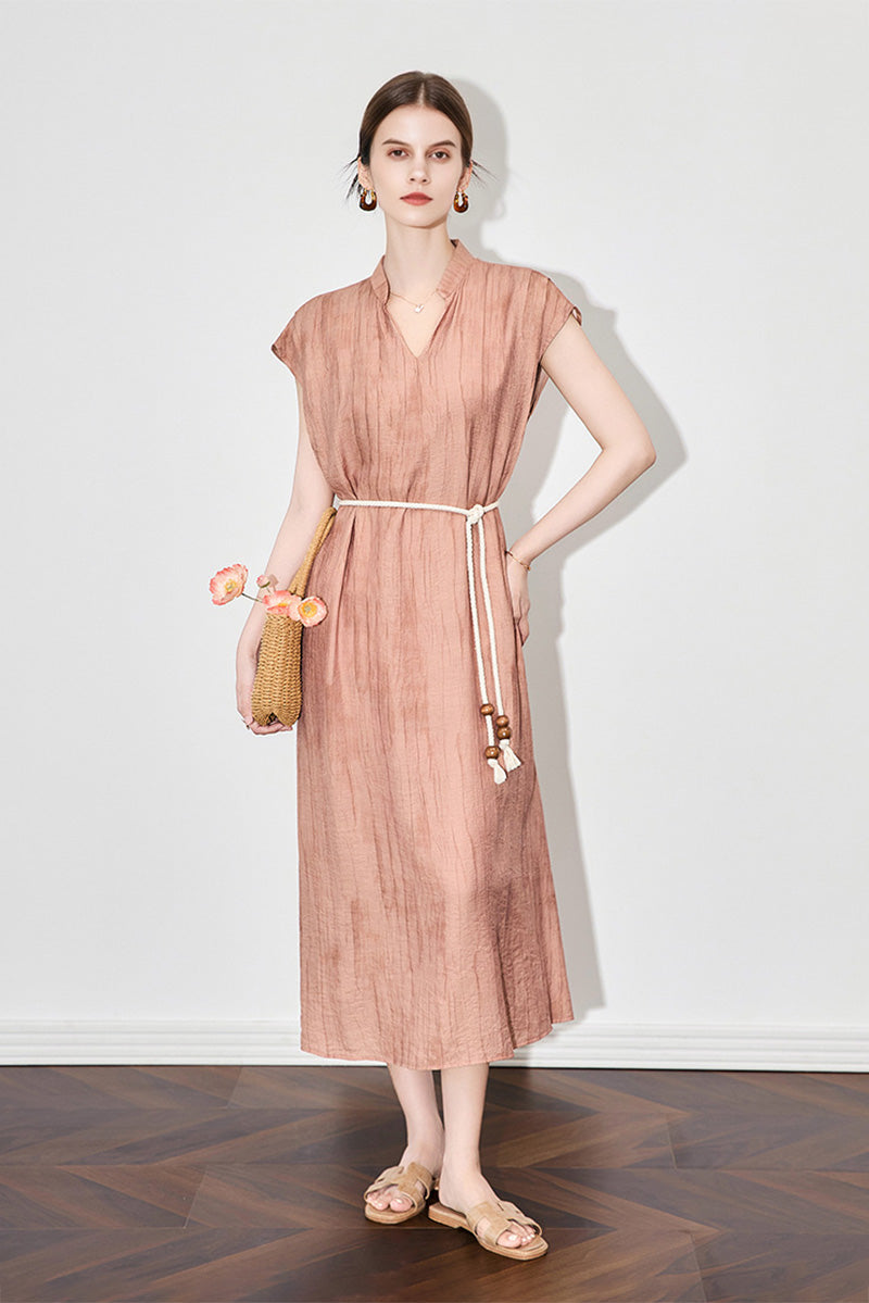 Tie-Dye Textured Cap-Sleeve Midi Dress in Terracotta
