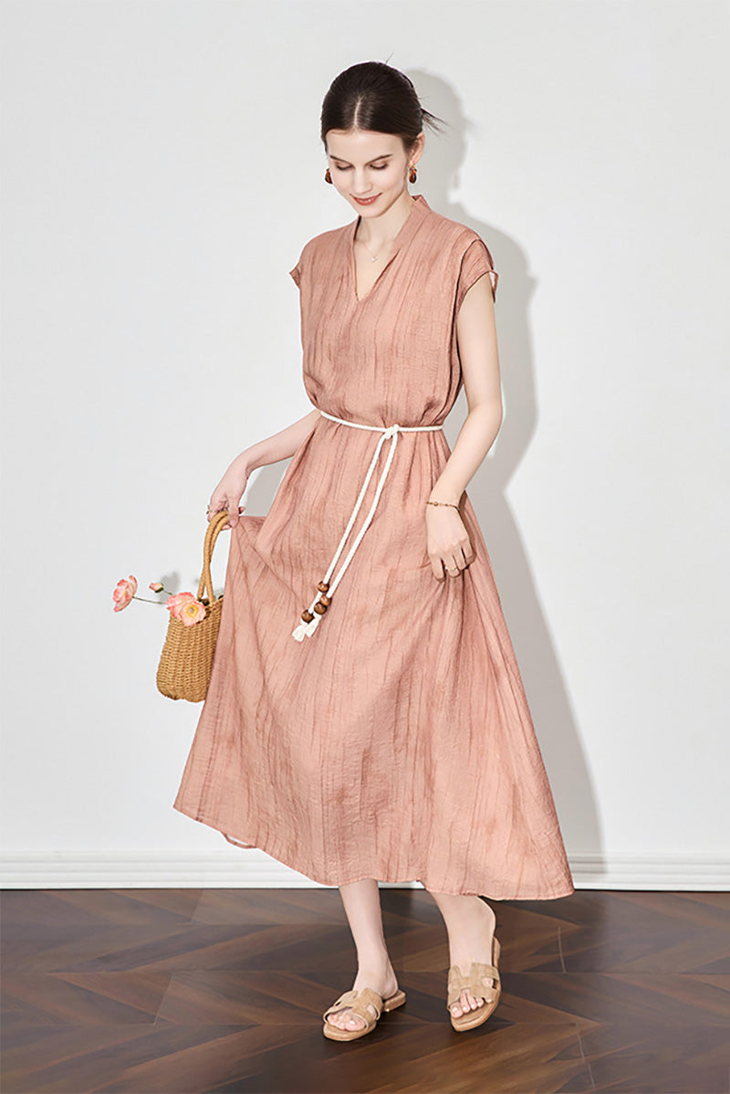 Tie-Dye Textured Cap-Sleeve Midi Dress in Terracotta