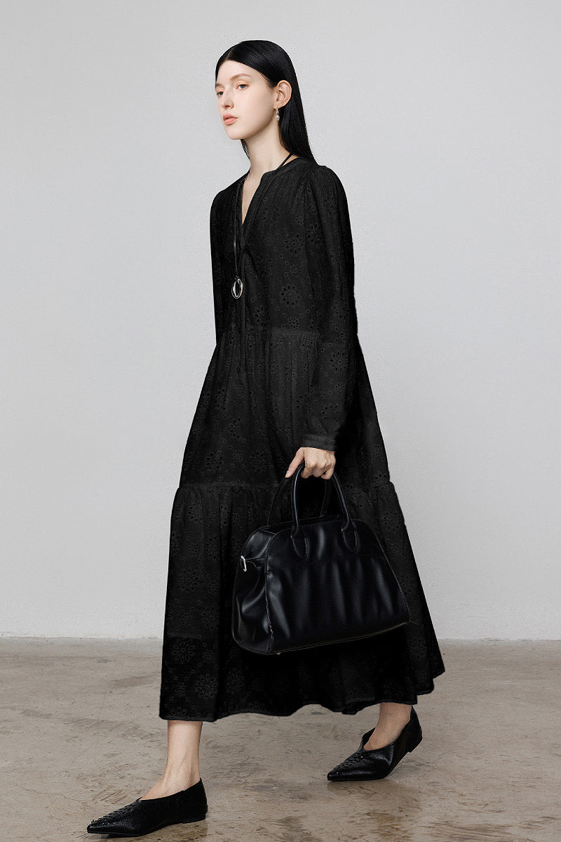Tiered A-Line Long-Sleeve V-Neck Broderie Midi Dress with Front Buttons