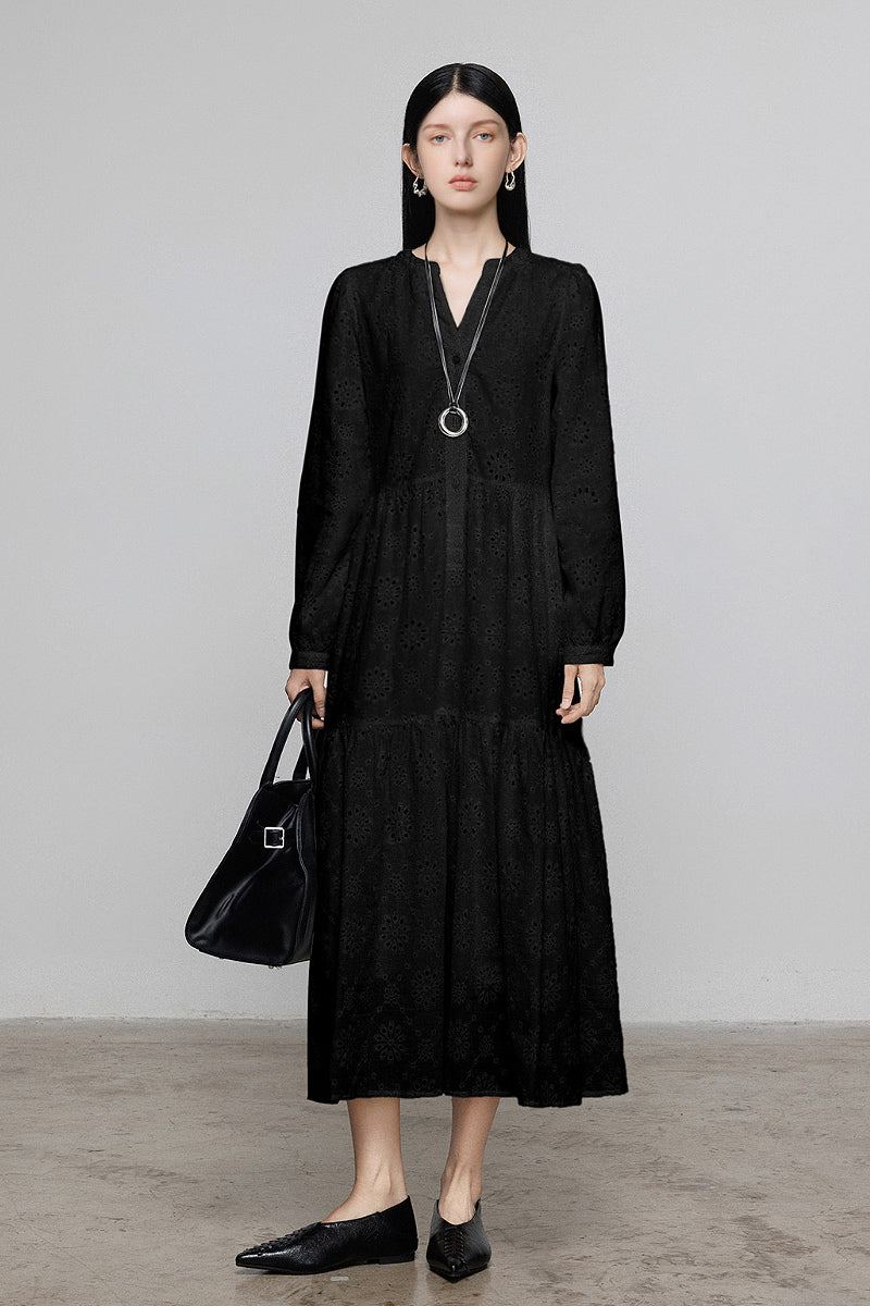 Tiered A-Line Long-Sleeve V-Neck Broderie Midi Dress with Front Buttons