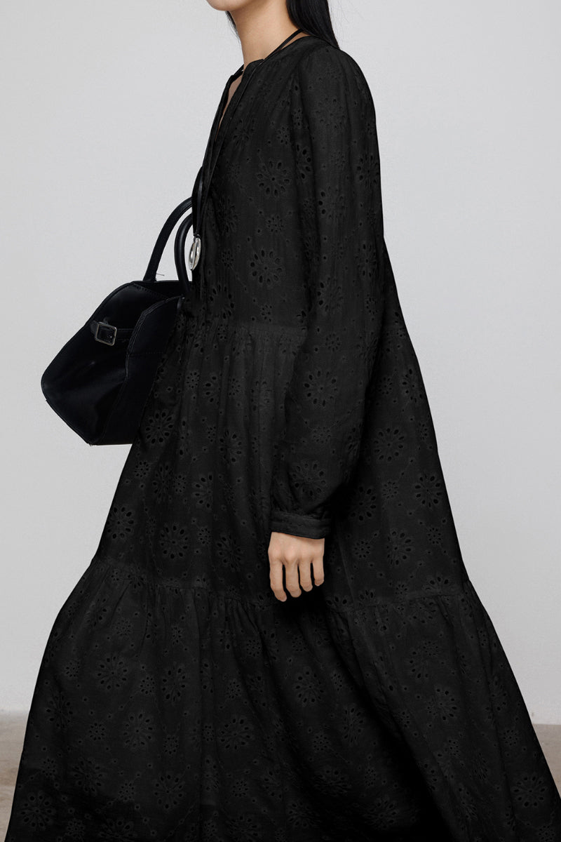 Tiered A-Line Long-Sleeve V-Neck Broderie Midi Dress with Front Buttons