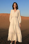 Tiered A-Line Long-Sleeve V-Neck Broderie Midi Dress with Front Buttons