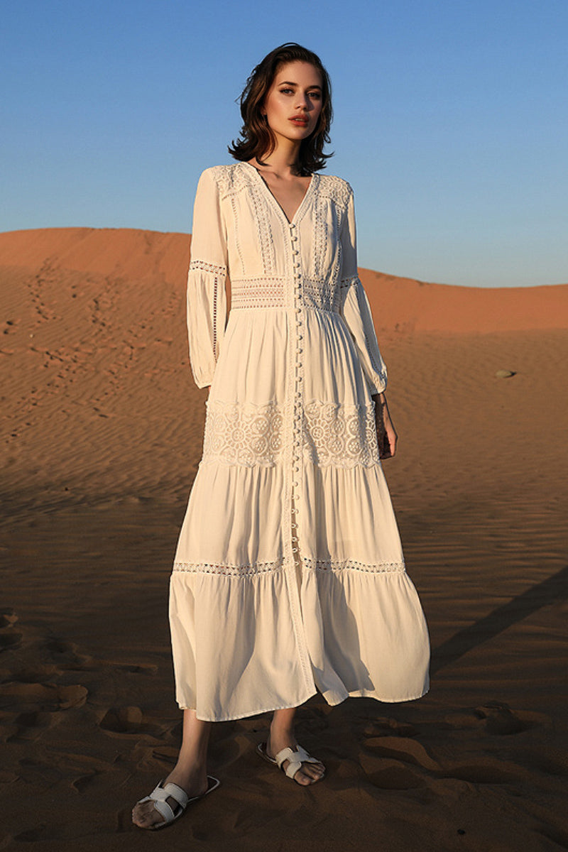 Tiered A-Line Long-Sleeve V-Neck Broderie Midi Dress with Front Buttons