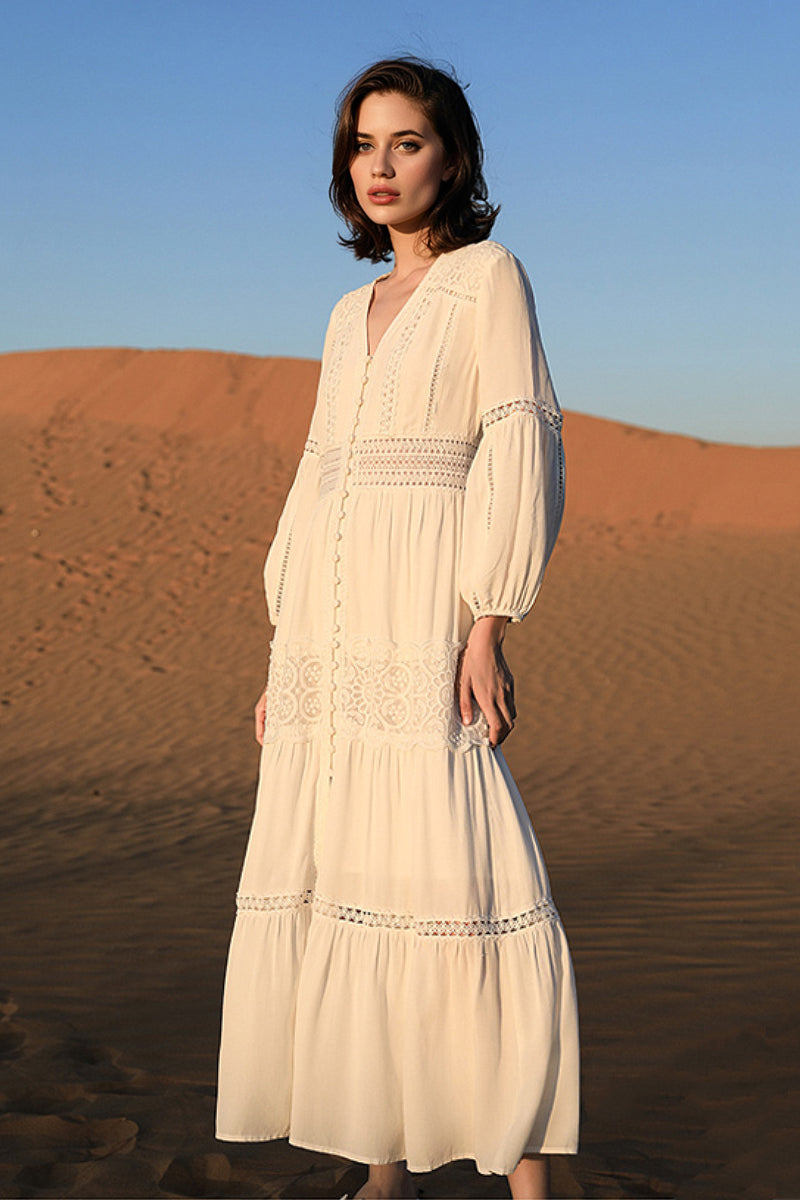 Tiered A-Line Long-Sleeve V-Neck Broderie Midi Dress with Front Buttons