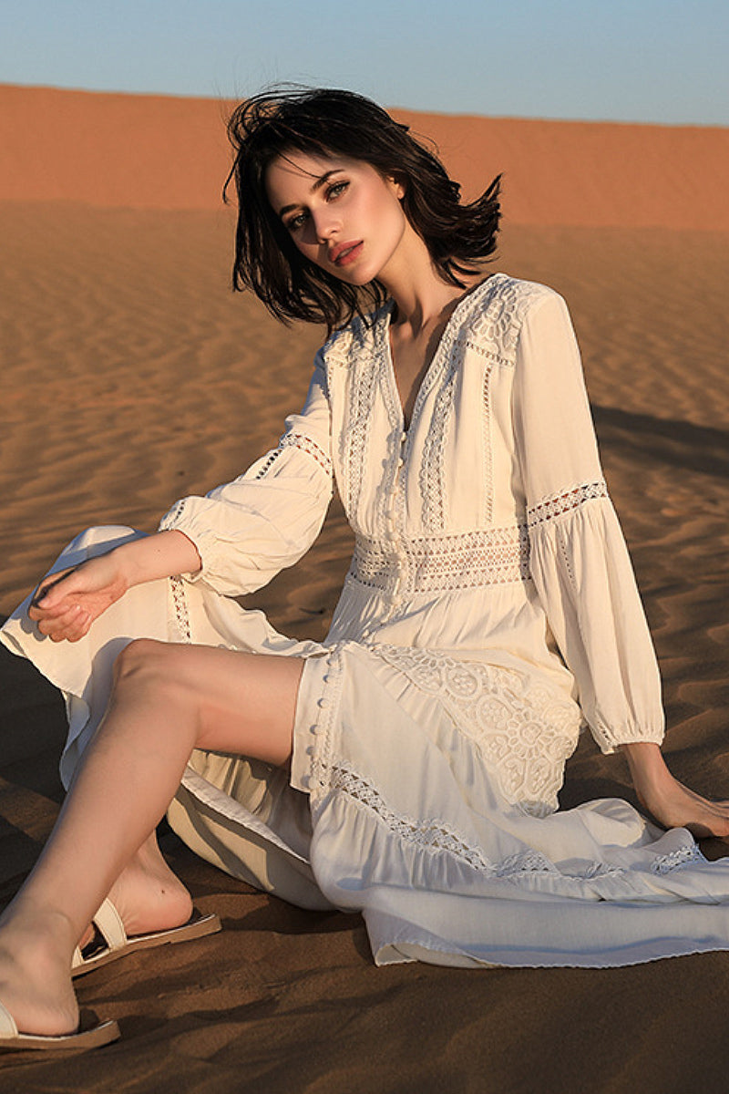 Tiered A-Line Long-Sleeve V-Neck Broderie Midi Dress with Front Buttons