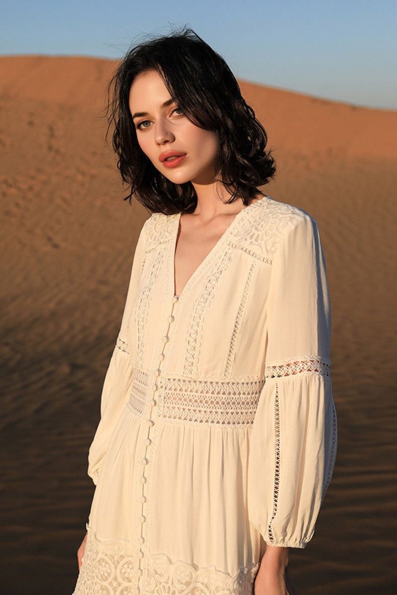 Tiered A-Line Long-Sleeve V-Neck Broderie Midi Dress with Front Buttons