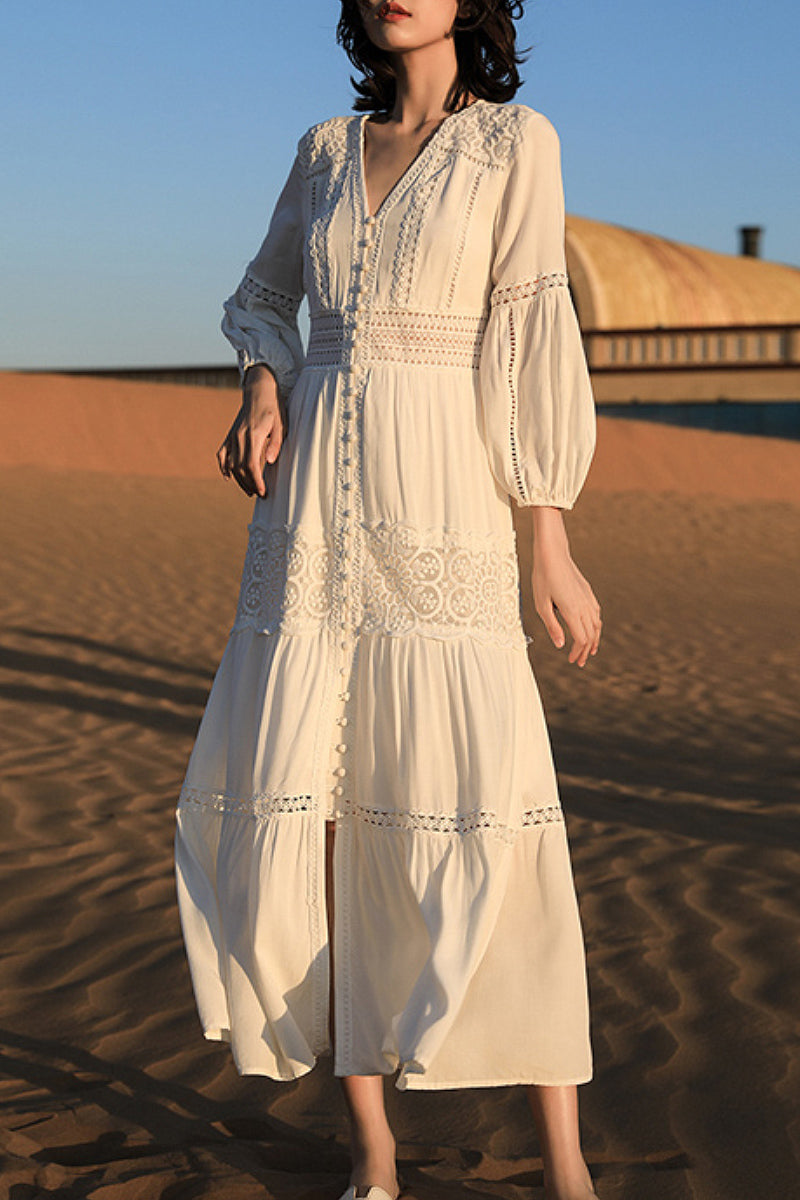 Tiered A-Line Long-Sleeve V-Neck Broderie Midi Dress with Front Buttons