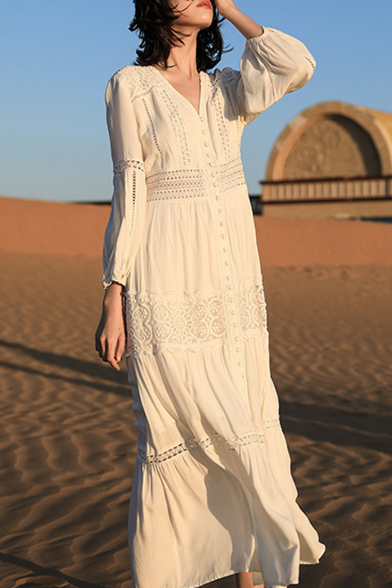 Tiered A-Line Long-Sleeve V-Neck Broderie Midi Dress with Front Buttons