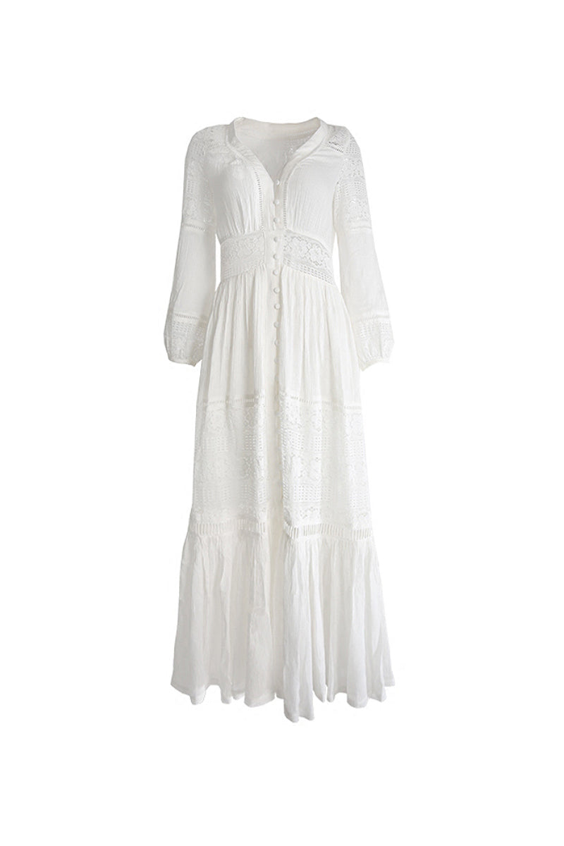 Tiered A-Line Long-Sleeve V-Neck Broderie Midi Dress with Front Buttons