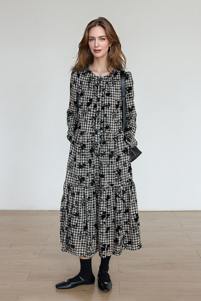 Tiered Long-Sleeve Button-Down A-Line Gingham Midi Dress