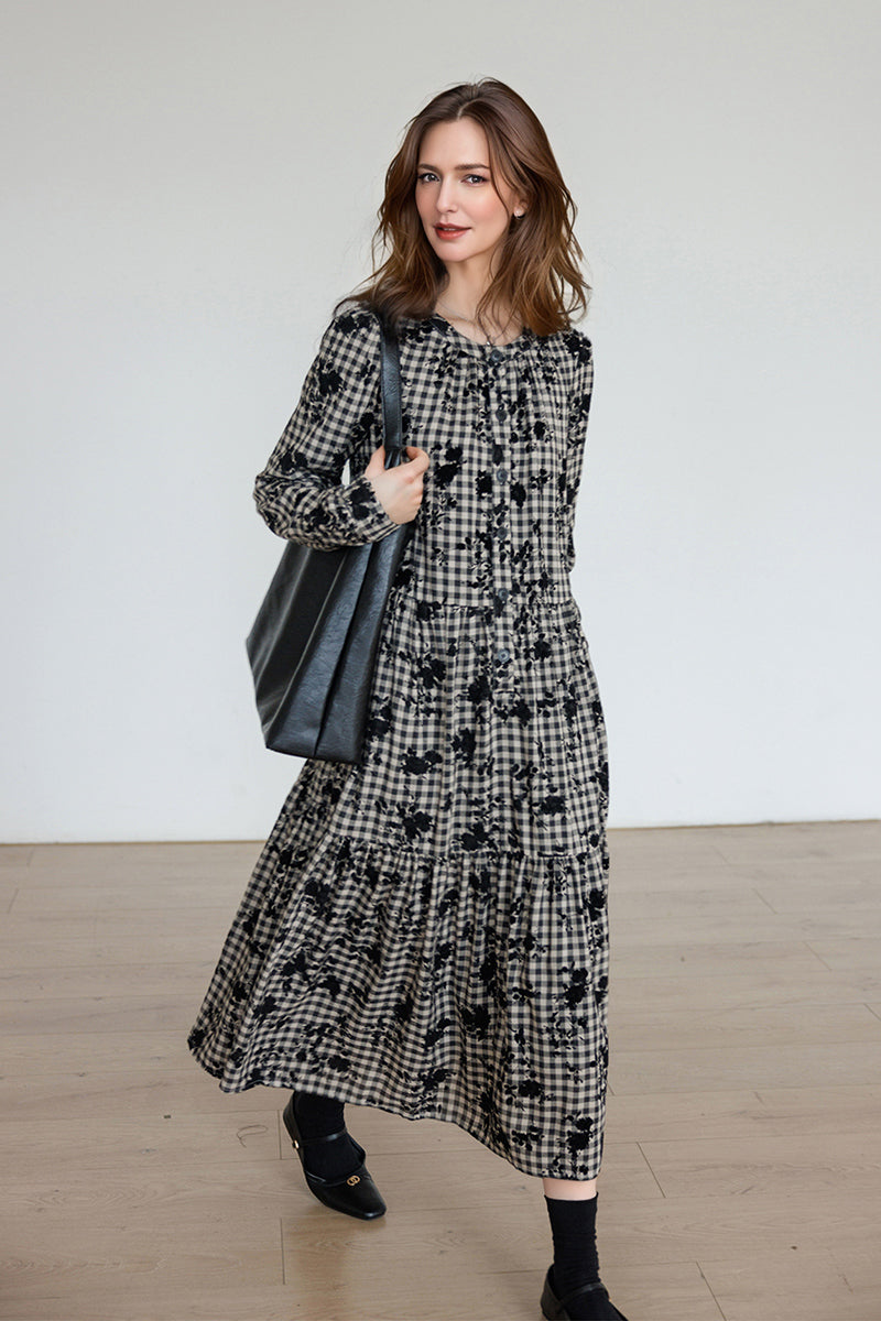Tiered Long-Sleeve Button-Down A-Line Gingham Midi Dress