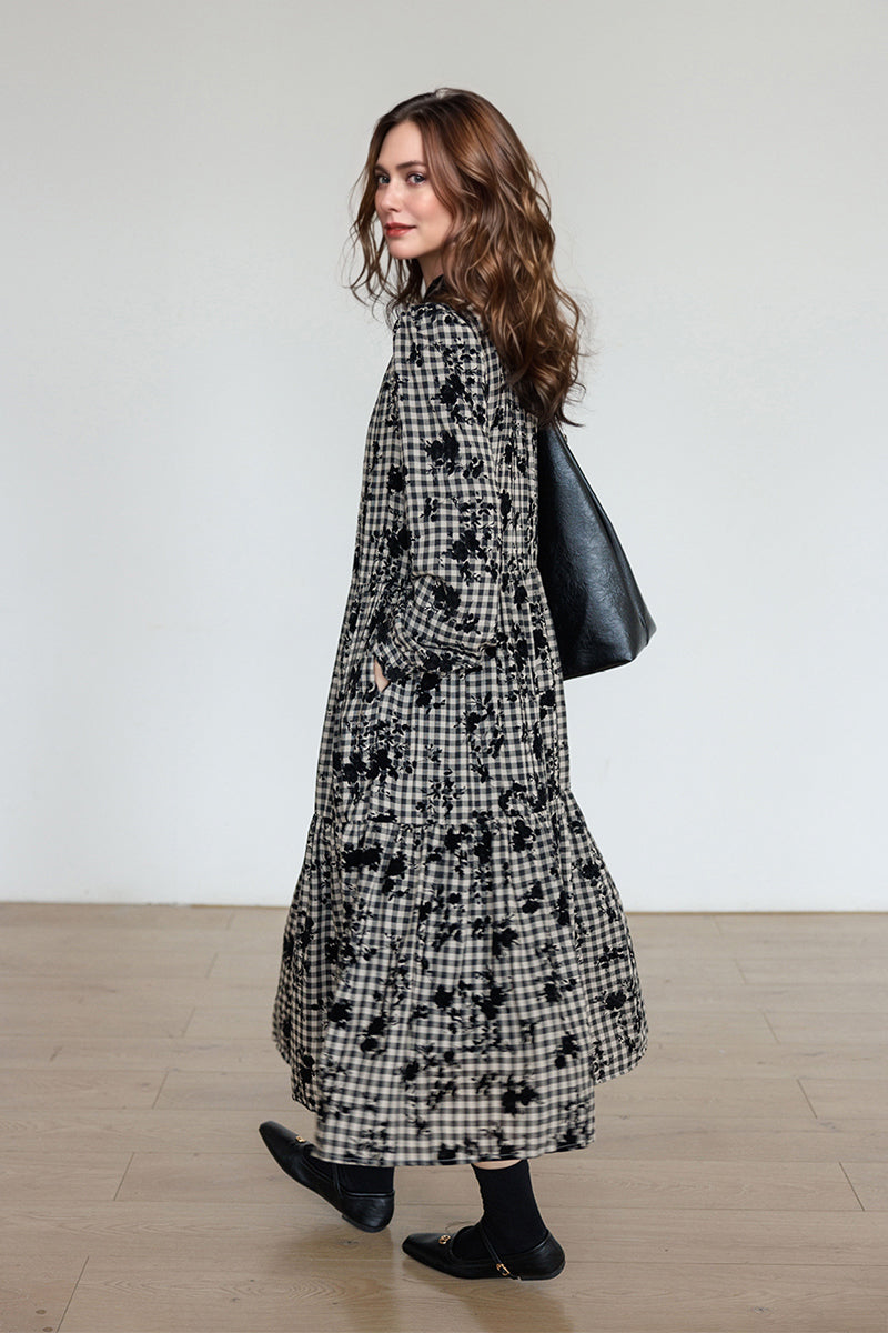 Tiered Long-Sleeve Button-Down A-Line Gingham Midi Dress