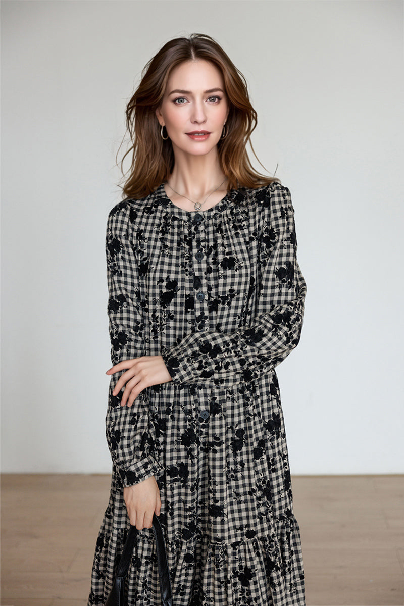Tiered Long-Sleeve Button-Down A-Line Gingham Midi Dress