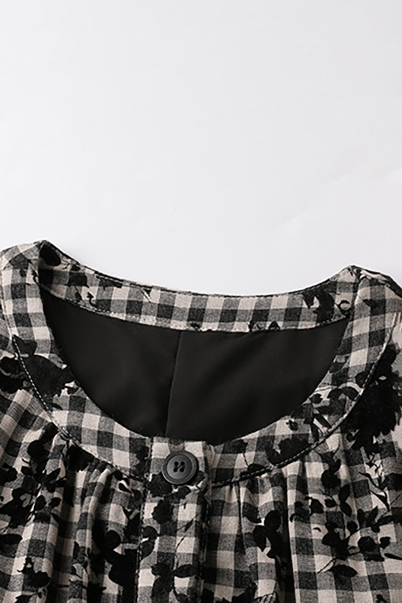 Tiered Long-Sleeve Button-Down A-Line Gingham Midi Dress