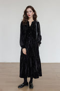 Tiered Long-Sleeve Button-Down A-Line Velvet Midi Dress
