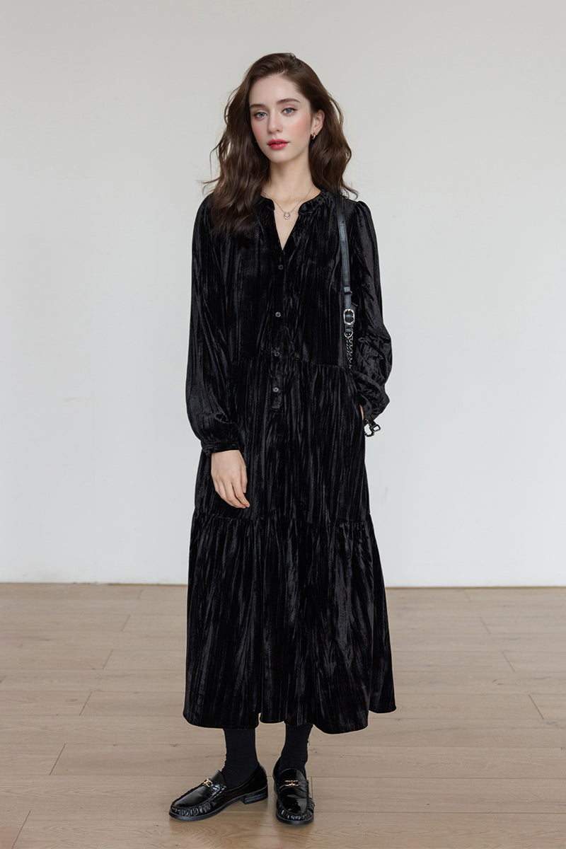 Tiered Long-Sleeve Button-Down A-Line Velvet Midi Dress