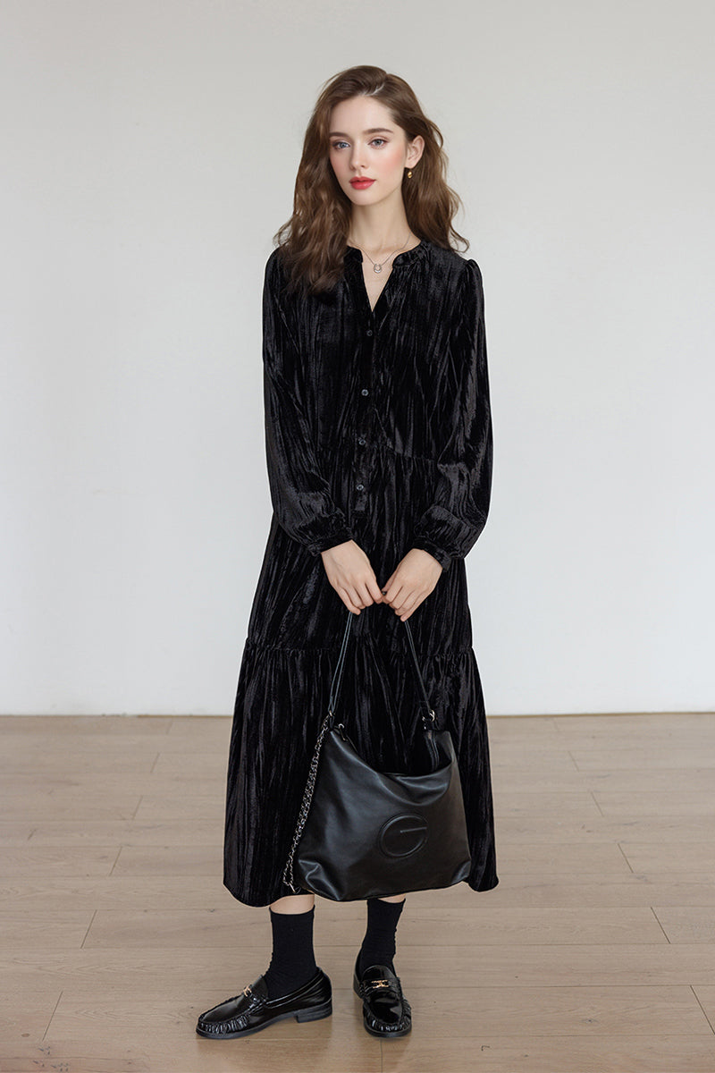 Tiered Long-Sleeve Button-Down A-Line Velvet Midi Dress