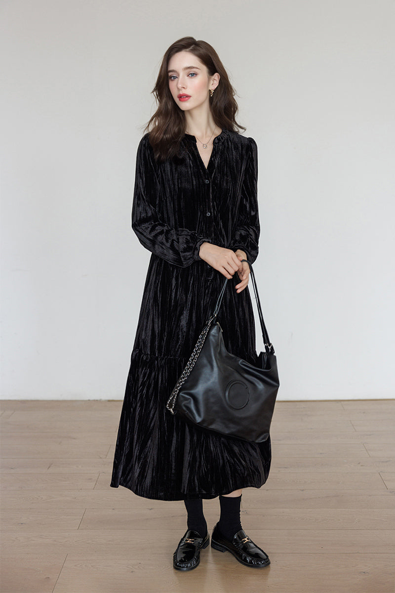Tiered Long-Sleeve Button-Down A-Line Velvet Midi Dress