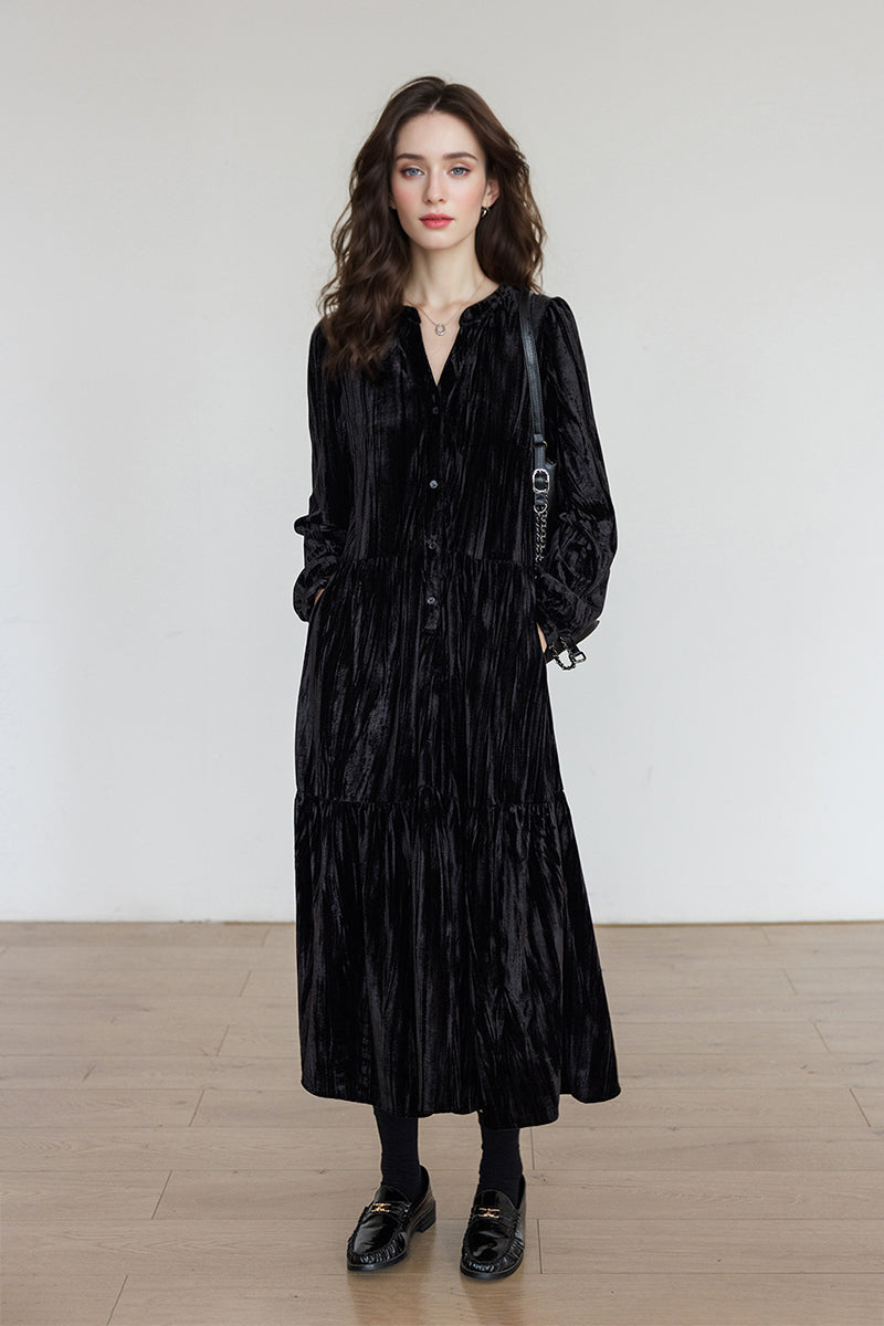 Tiered Long-Sleeve Button-Down A-Line Velvet Midi Dress