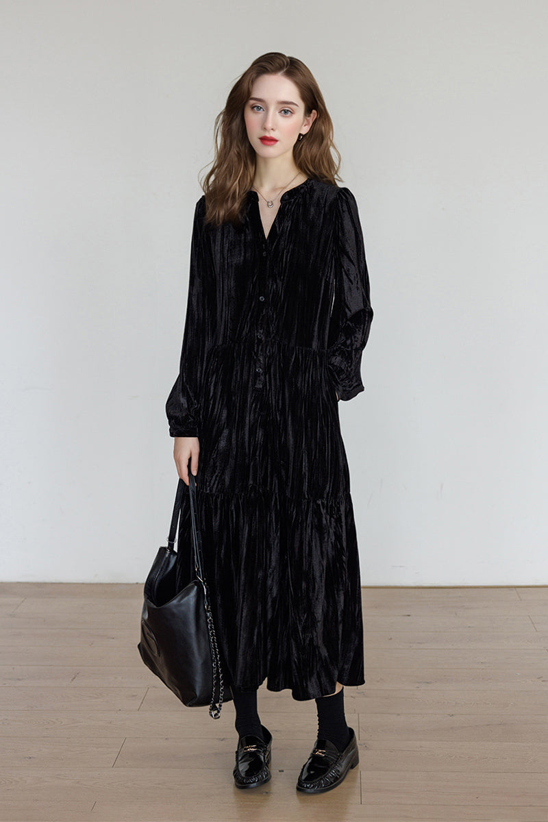 Tiered Long-Sleeve Button-Down A-Line Velvet Midi Dress