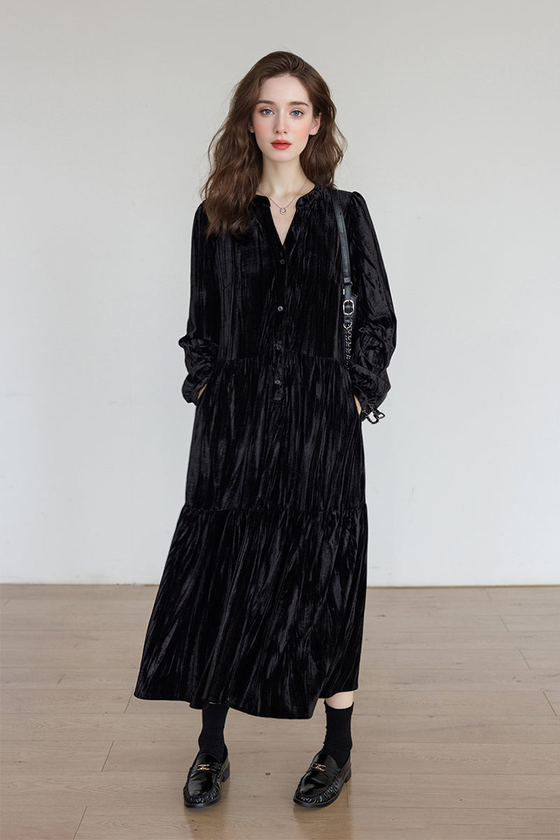 Tiered Long-Sleeve Button-Down A-Line Velvet Midi Dress