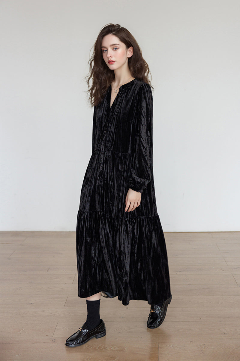 Tiered Long-Sleeve Button-Down A-Line Velvet Midi Dress
