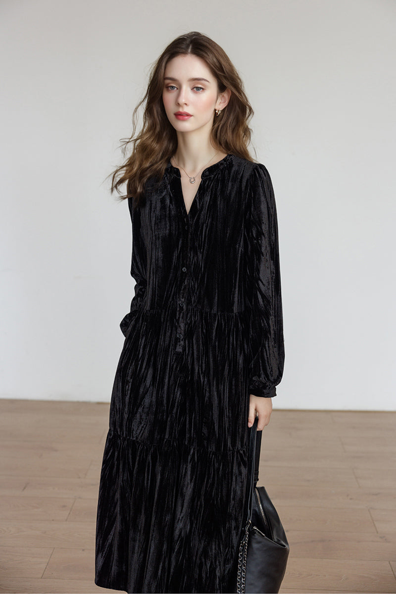Tiered Long-Sleeve Button-Down A-Line Velvet Midi Dress
