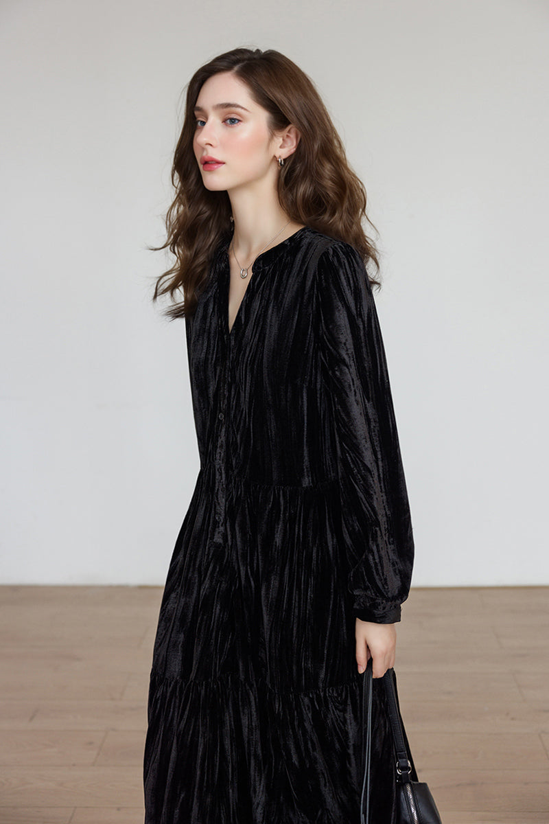 Tiered Long-Sleeve Button-Down A-Line Velvet Midi Dress