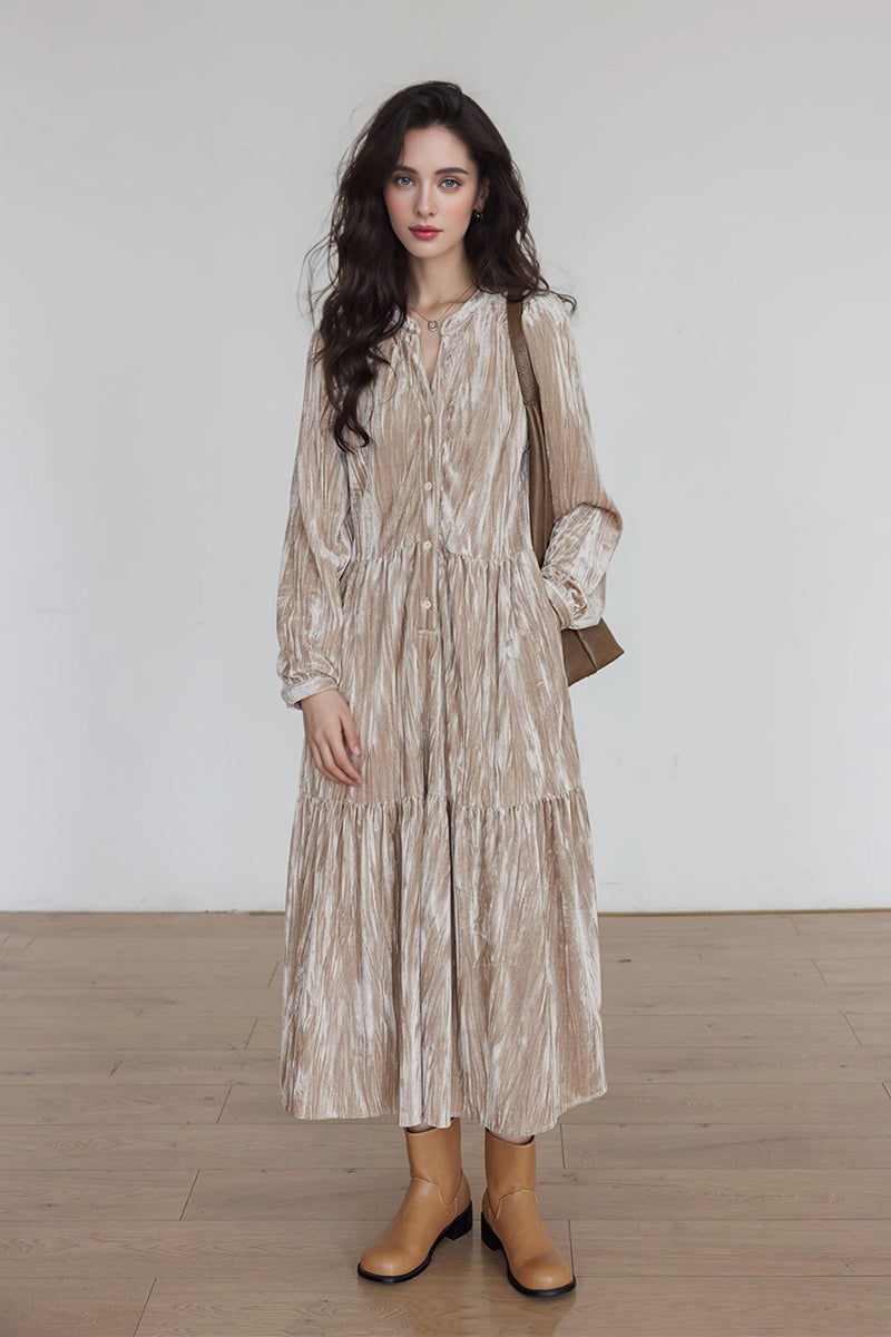 Tiered Long-Sleeve Button-Down A-Line Velvet Midi Dress