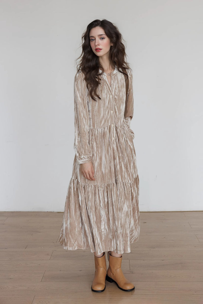 Tiered Long-Sleeve Button-Down A-Line Velvet Midi Dress