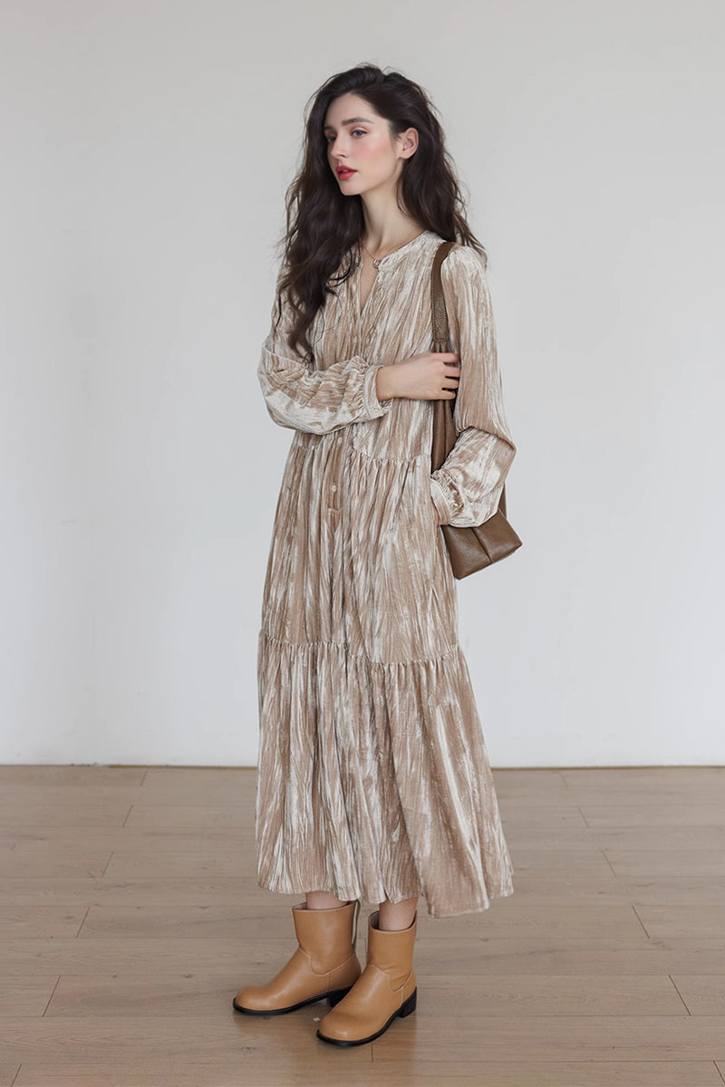 Tiered Long-Sleeve Button-Down A-Line Velvet Midi Dress