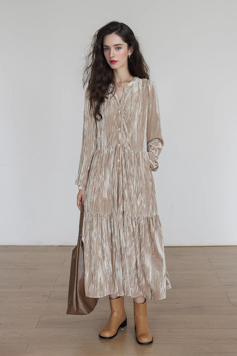 Tiered Long-Sleeve Button-Down A-Line Velvet Midi Dress