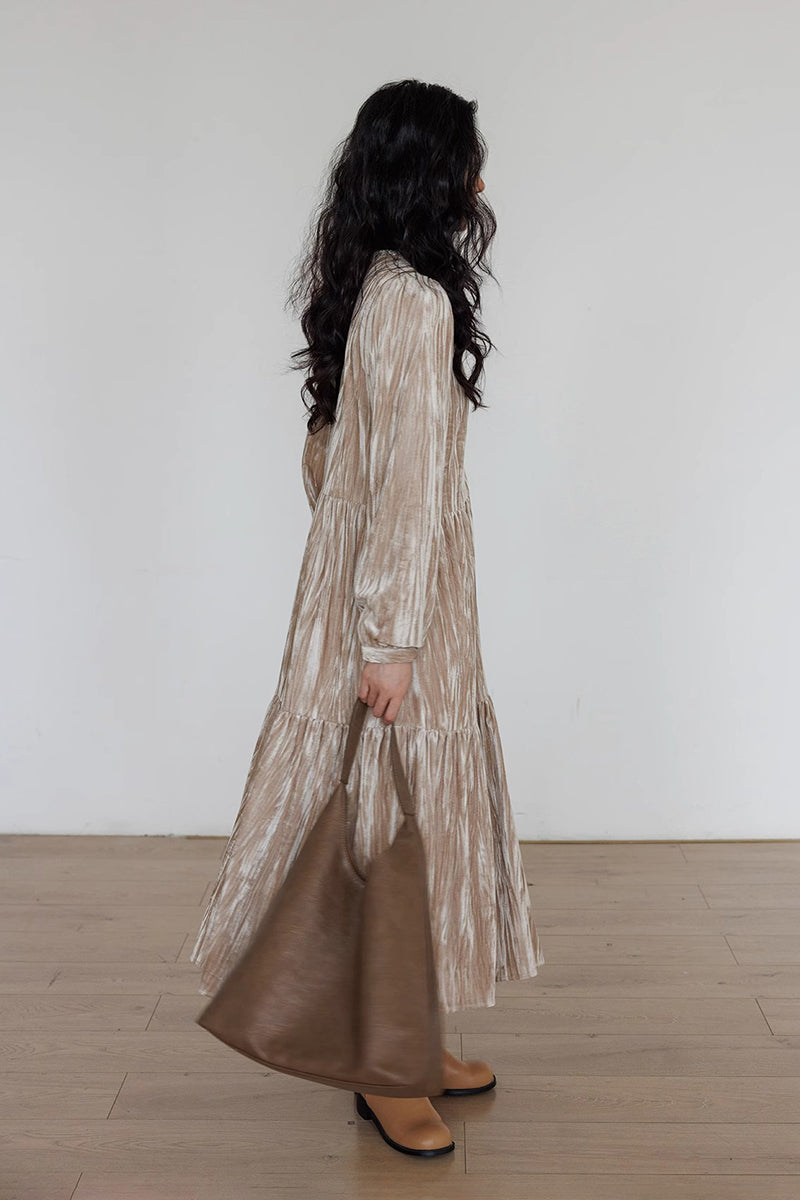 Tiered Long-Sleeve Button-Down A-Line Velvet Midi Dress