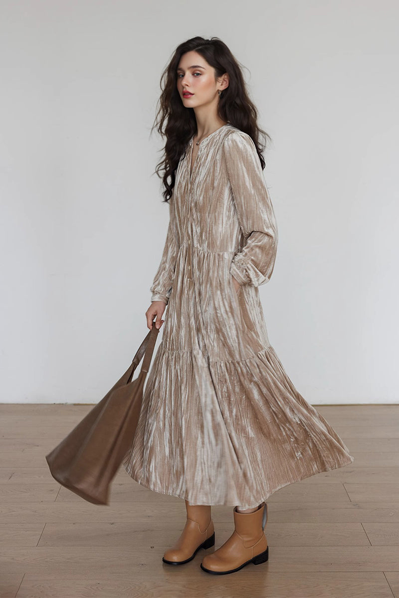 Tiered Long-Sleeve Button-Down A-Line Velvet Midi Dress