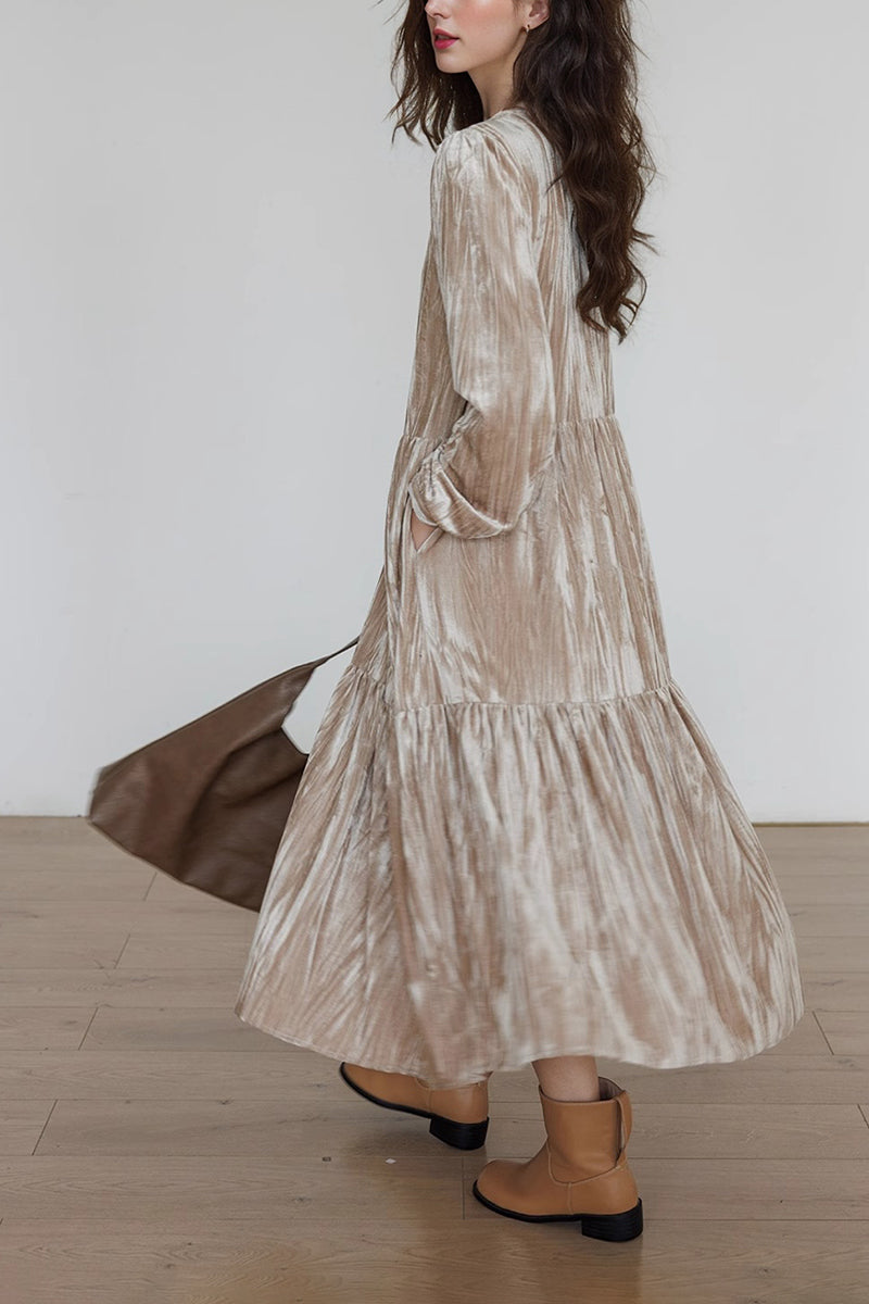 Tiered Long-Sleeve Button-Down A-Line Velvet Midi Dress