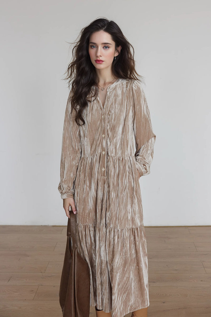 Tiered Long-Sleeve Button-Down A-Line Velvet Midi Dress