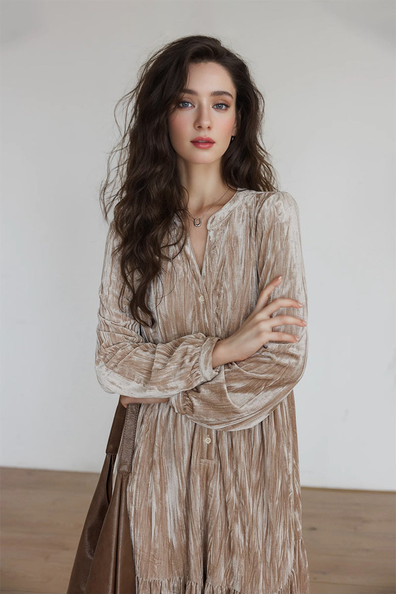 Tiered Long-Sleeve Button-Down A-Line Velvet Midi Dress