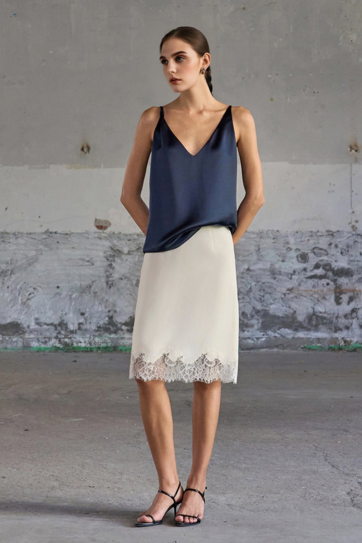 Lace-Trim Crepe Column Midi Skirt
